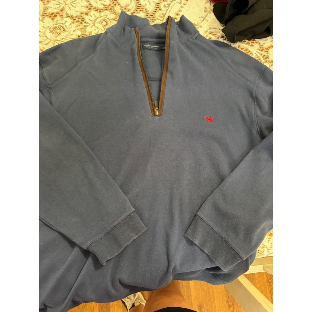 Southern Marsh Mens Navy Blue Quarter Zip Pullover Mallard Logo Size Large